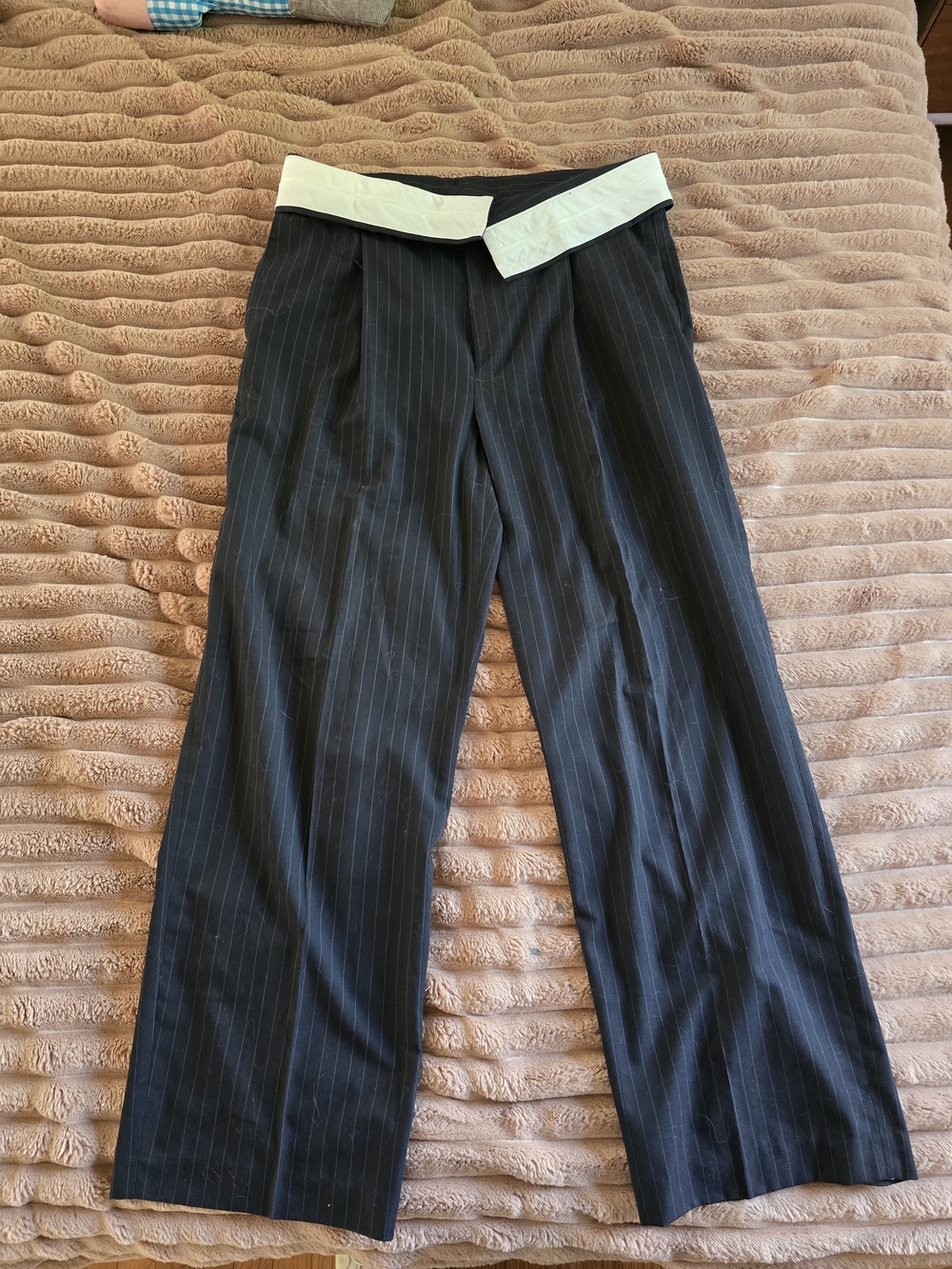 Zara Black Pinstripe Dress Pants with White Folded Waistband